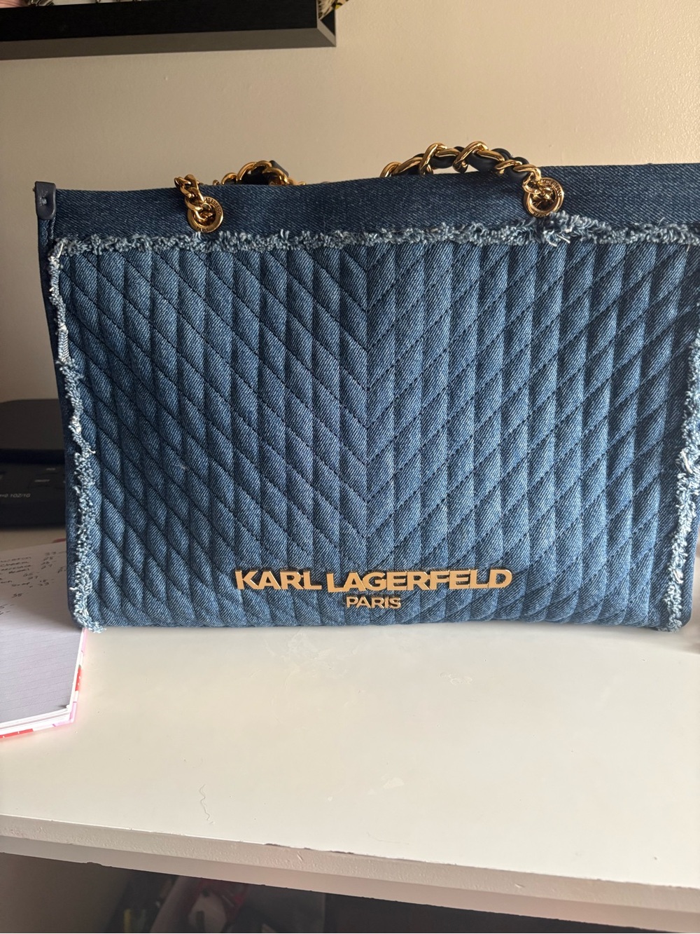 Karl Lagerfeld Quilted Denim Shoulder Bag with Gold Chain